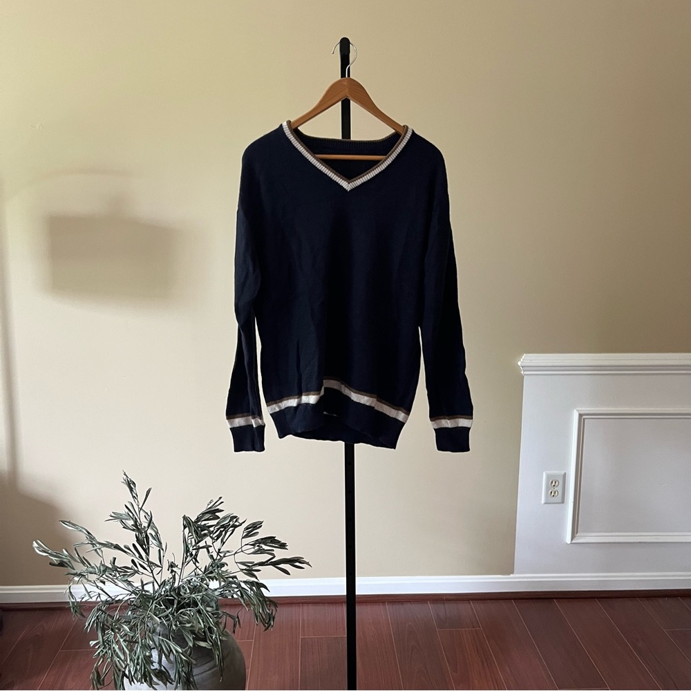 Brandy Melville Navy V-Neck Sweater with White Trim